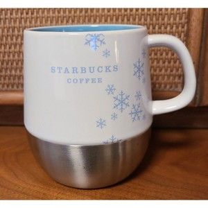 Starbucks Holiday 2007 Coffee Mug Cup White Blue Snowflakes & Stainless Steel